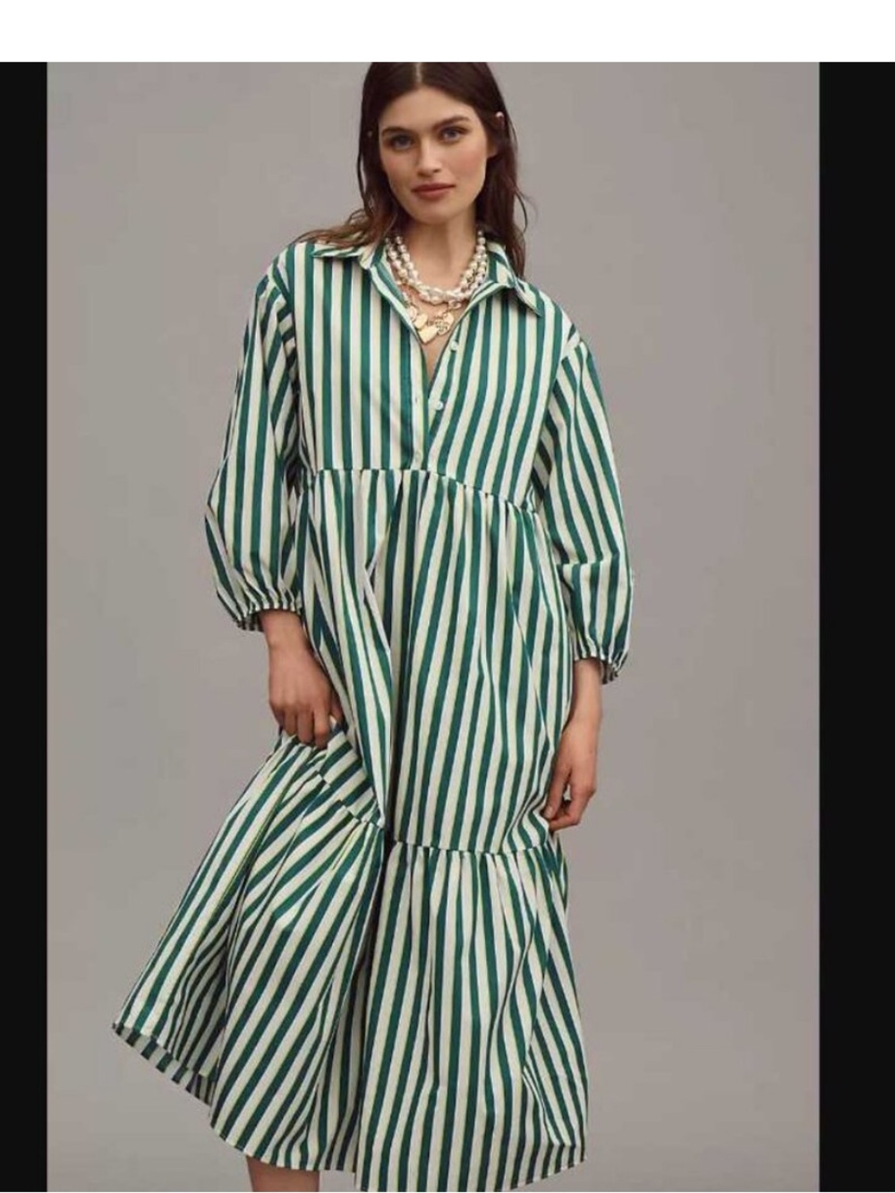Anthropologie Maeve Green and White Striped Midi Tiered Shirt Dress